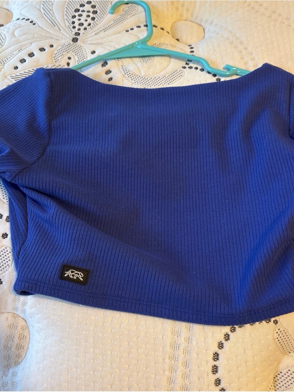 Blue Ribbed Crop Top with Small Logo Patch